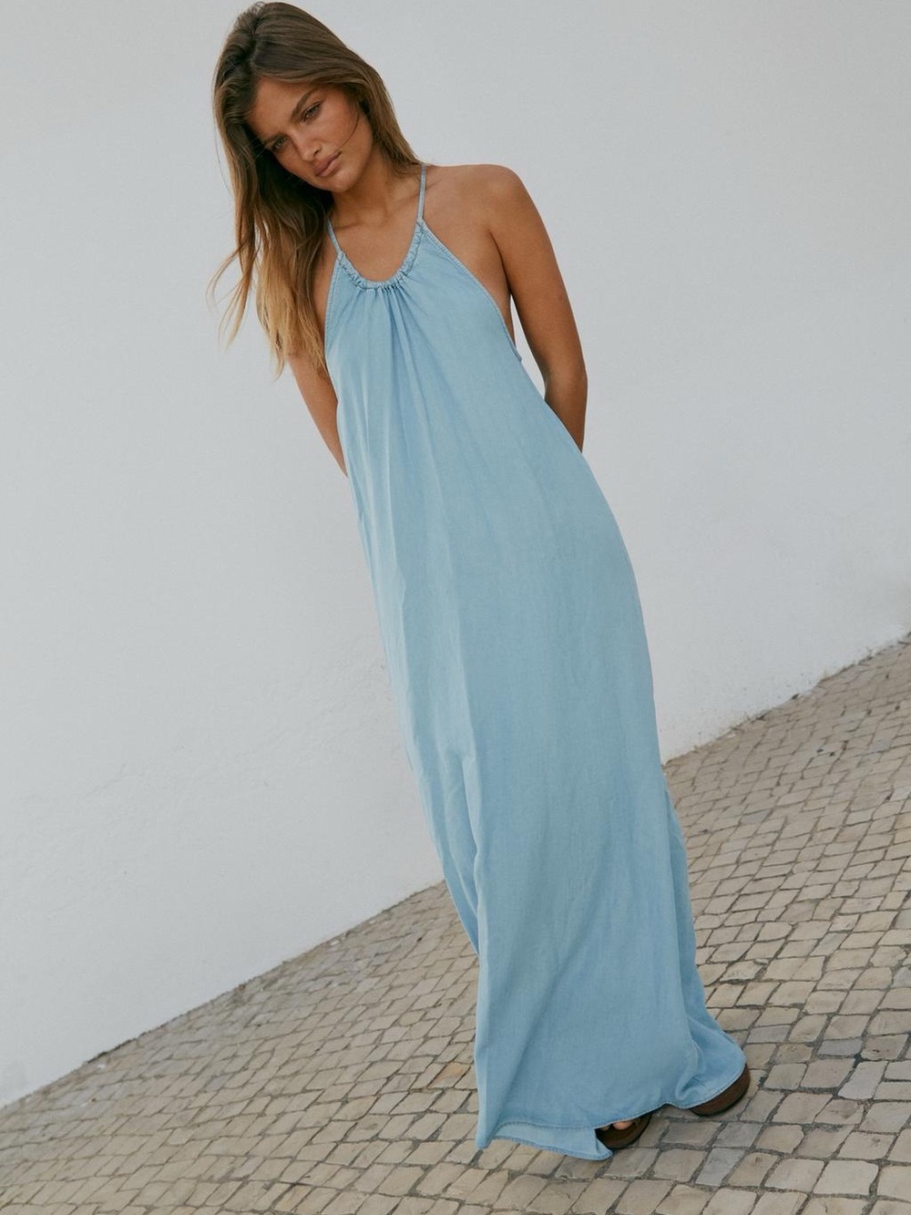 ZARA Denim-look Light Blue Chambray Lyocell Flowy Halter Maxi Dress. L NWT